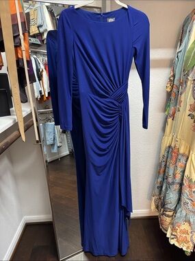 Elegant Royal Blue Long Sleeve Ruched Maxi Dress